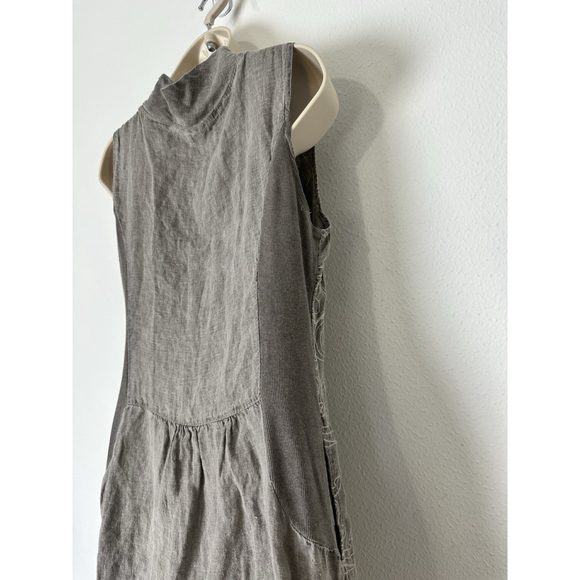 Lina Tomei 100% linen embroidered dress Large Gray Italy Cowl Neck Beach Pockets - Picture 11 of 11